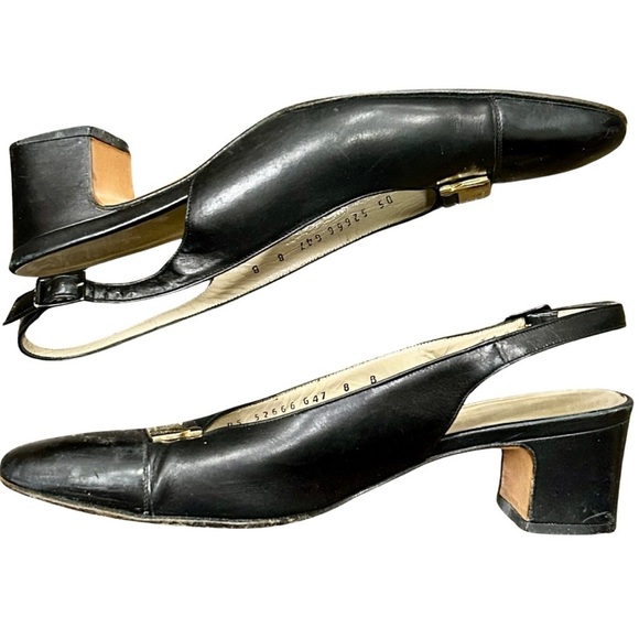 Salvatore Ferragamo Black Leather Slingback Heels with Gold Hardware – Size 8B - Picture 4 of 7